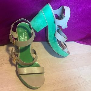Kate Spade size 6 1/2 light brown leather and green suede sandal,2 broken straps